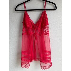 Victoria's Secret Red Sheer Mesh Floral Lace Babydoll Chemise Lingerie Sexy M